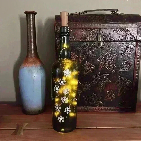 HAND Crafted Hand Painted Wine Bottle Black White Silver Gold with Fairy Lights - Picture 8 of 11